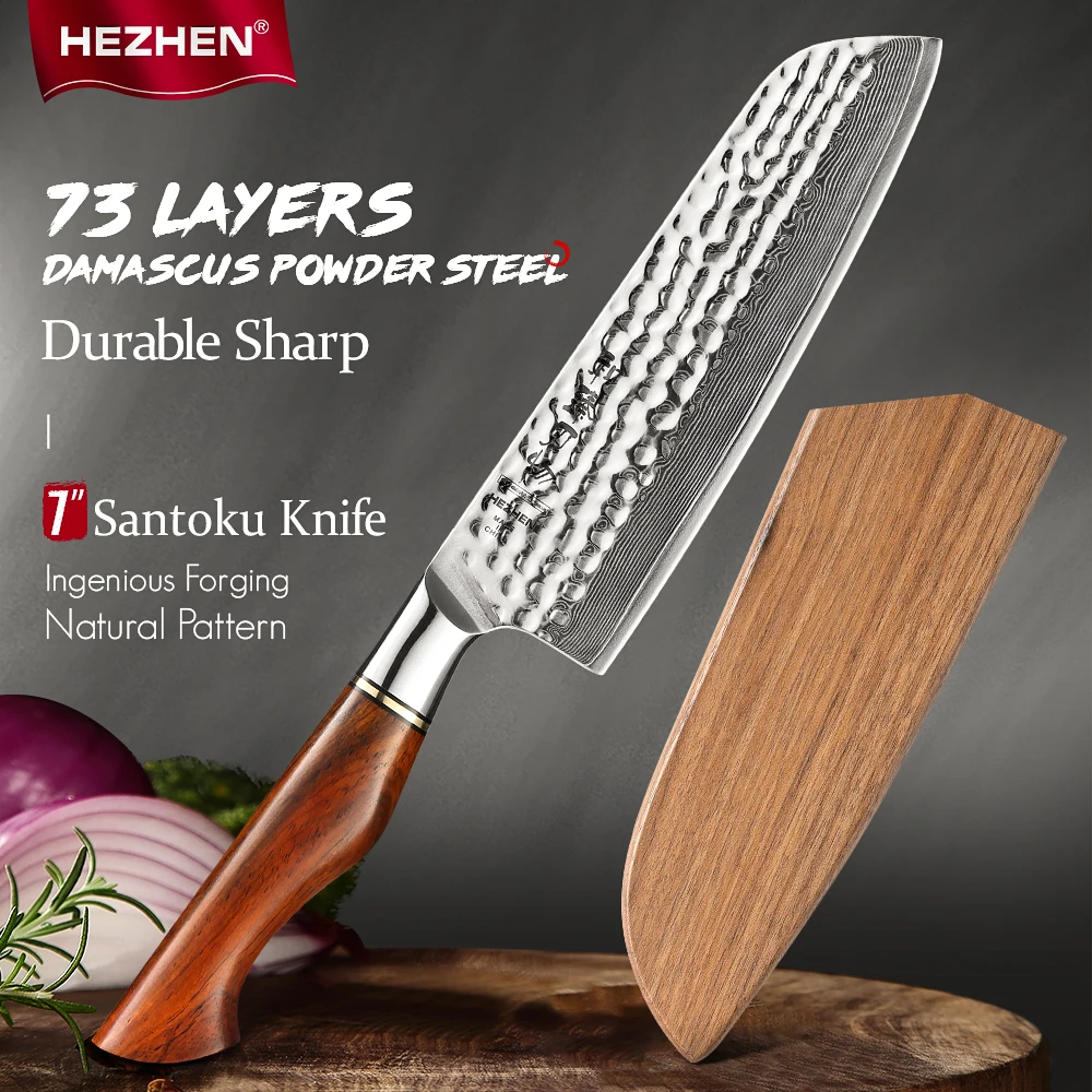 

HEZHEN 7 Inches Santoku Knife Power Steel Core 73 Layer Damascus Steel Kitchen Tools Cooking Knives Beautiful Gift Box