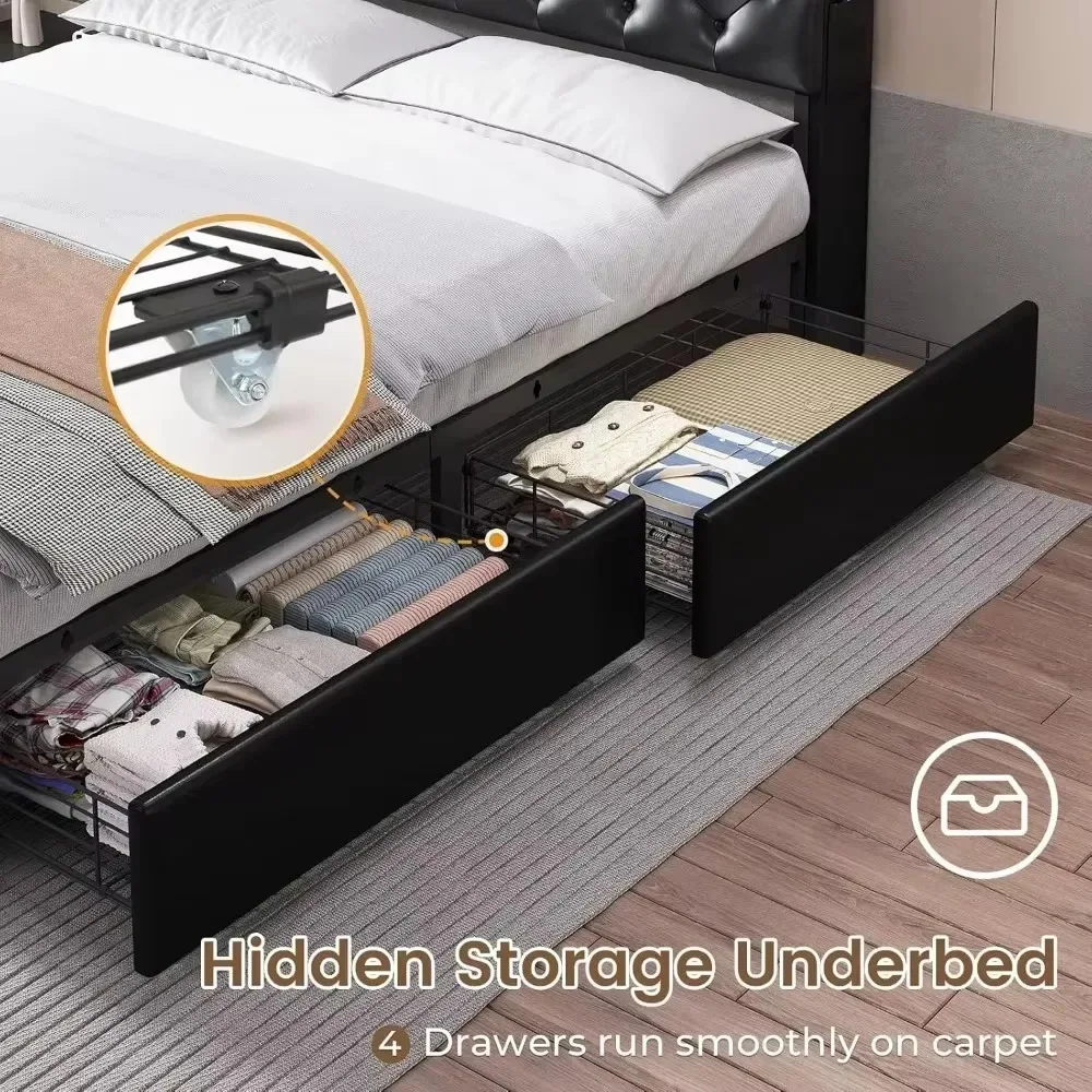 Queen Size Bed Frame with 3-Tier Headboard & Hidden Storage, 4 Drawers and Charging Station, Upholstered LED Metal Bed Frame image 5
