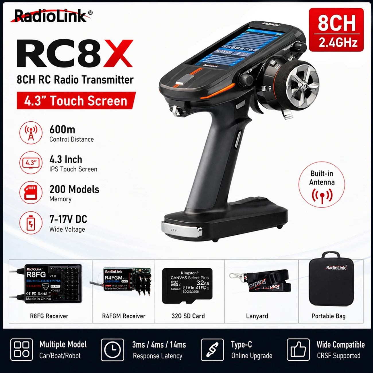 Radiolink 2.4G 8CH RC8X RC Radio Transmitter 4.3inch LCD Touch Screen with R8FG R4FG Receiver for RC Car Boat Robot Upgrade Kit