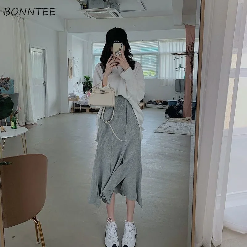 Sets Women Elegant Solid T-shirt and Skirt Fashion Autumn 2 Pieces Casual Trumpet Design Midi Student Streetwear Tender Outfits