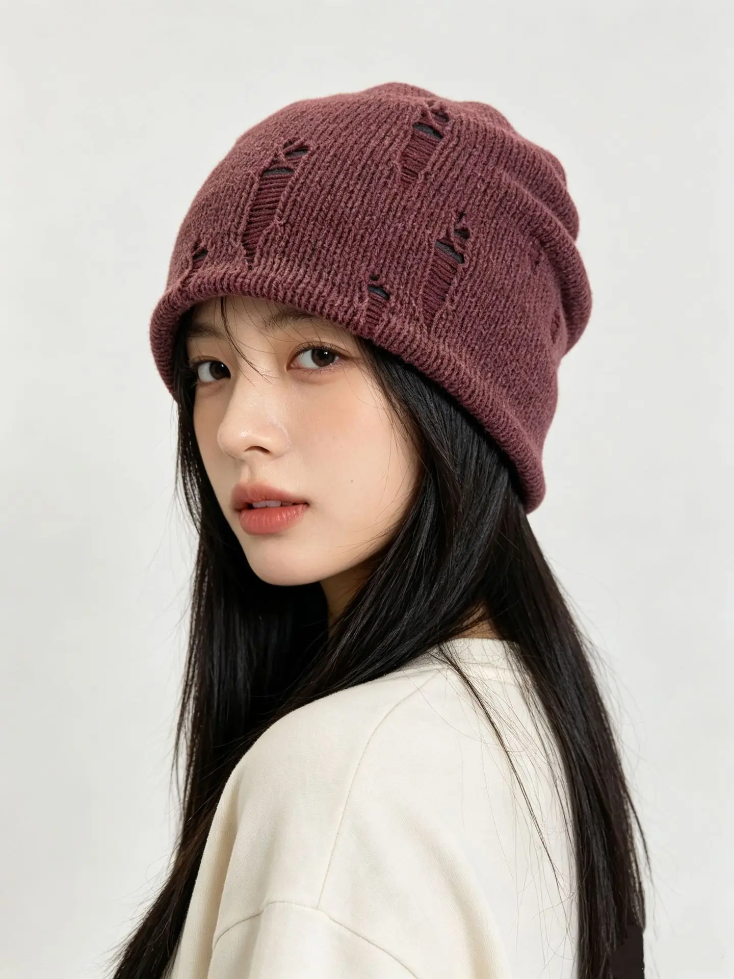 Women's Knit Hats Autumn Winter Versatile Face-Flattering Ripped Knit Beanies Warm Beanie with Puffed Top