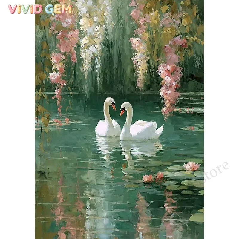 VIVID GEM Diamantmalerei „Die Schwäne am See“ Mosaik Handgefertigtes Kunstwerk Vollrunde/quadratische Diamanten Kreatives Geschenk Wohndekoration