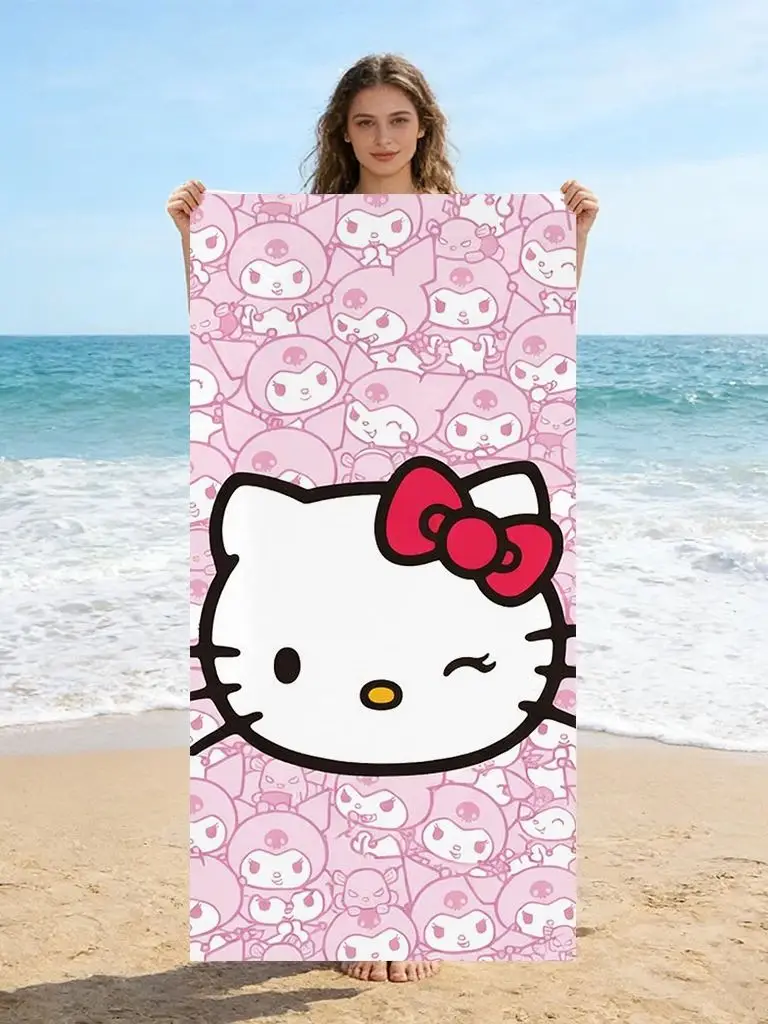 Roze Kawaii Hello Kitty strandhanddoek Zachte microvezelbadhanddoek voor meisjes Strandzwembad Badkamerdecoratie - afbeelding 2