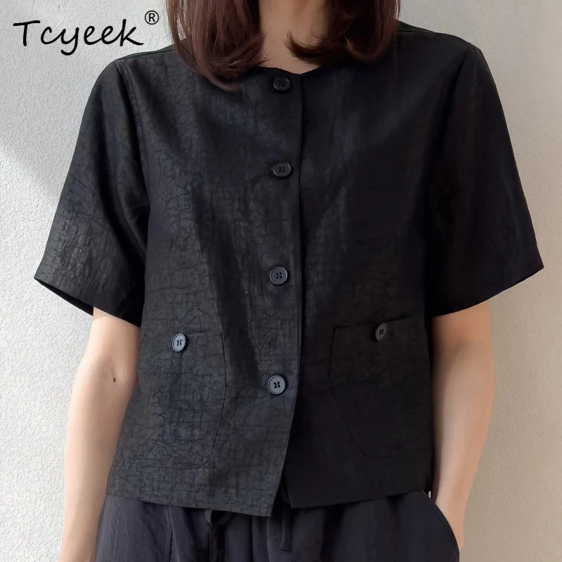

Tcyeek 100% Real Silk Blouses for Women 2026 Summer Black Breathable Short-sleeved Stylish Tops Woman Clothing Рубашка Женская