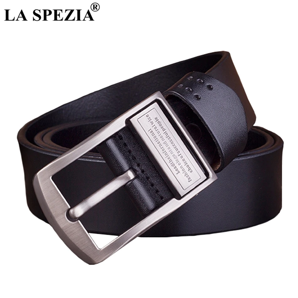 LA SPEZIA-Cinturón de cuero genuino para hombre, Correa con hebilla de Pin de café, letras clásicas de marca, sólido, Casual, de cuero de vaca Real, 130cm