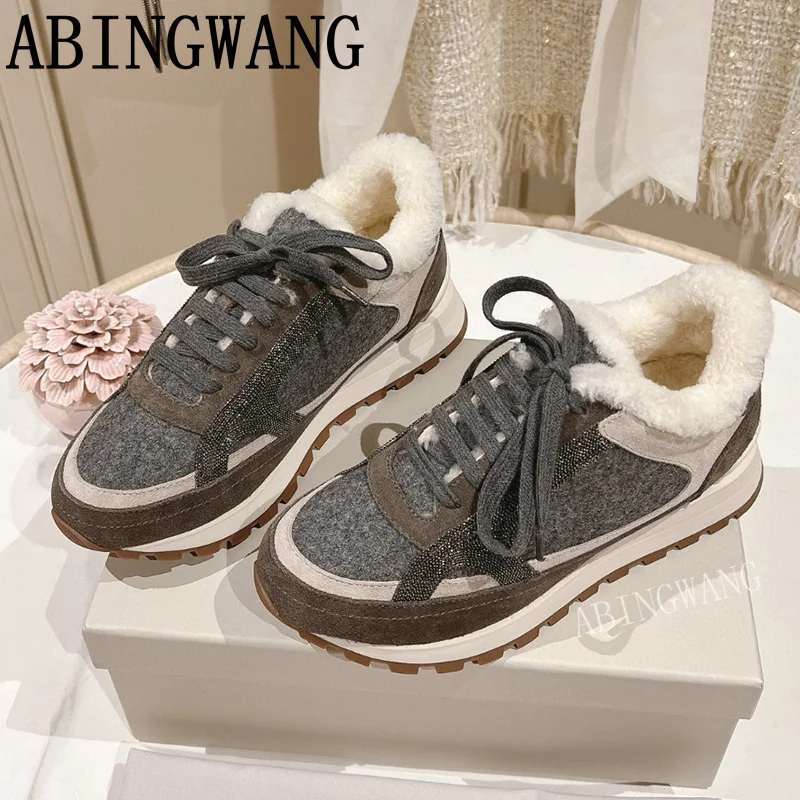 2024 Autumn Winter New Women's Sneakers Lace Up Round Toe Thick Sole Suede Inside Fur Flats Shoes Causal Outside Walking Shoes