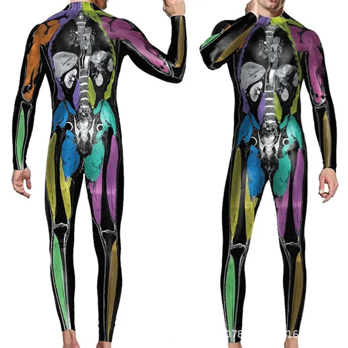 Skelett-Knochen-Blumen-Schädel 3D-Druck Anzug für Damen und Herren, Muskel-Menschenkörper-Jumpsuit, Halloween-Party-Cosplay-Kostüme – Detail 17