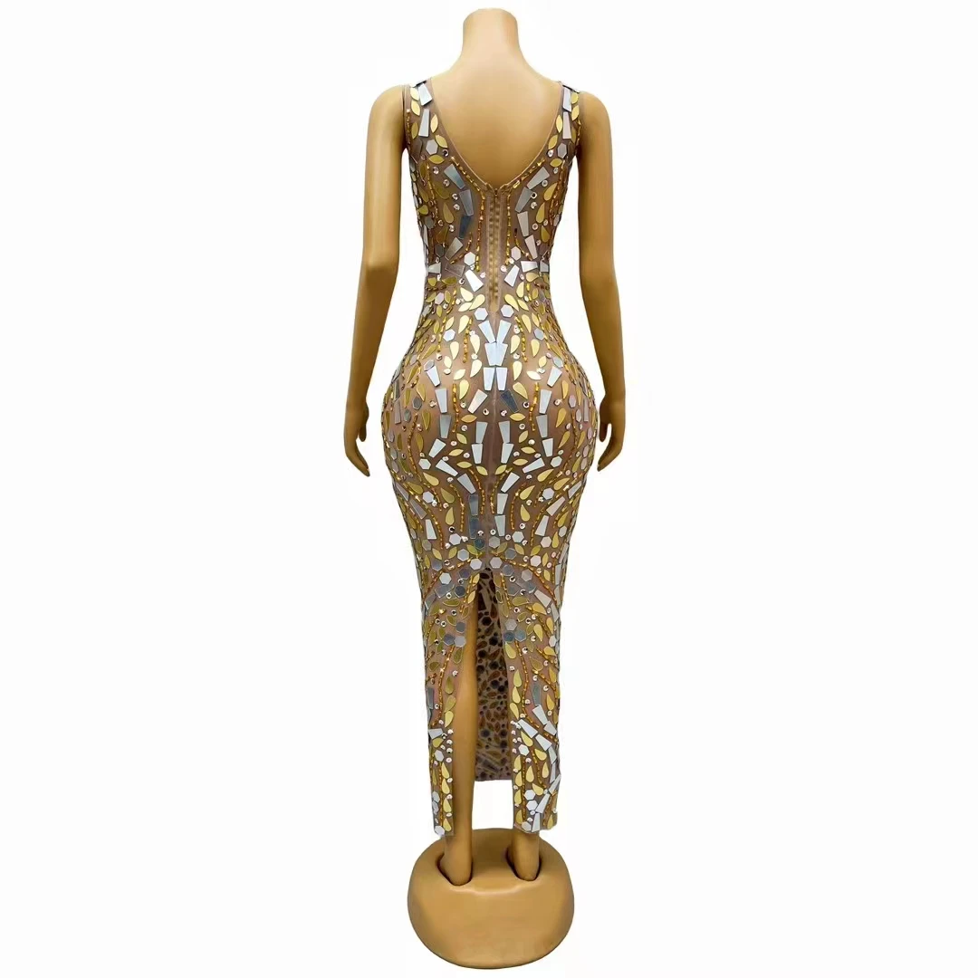 Luxuoso ouro espelhos strass malha vestido longo festa de noite aniversário celebrar cantor modelo passarela traje palco wear