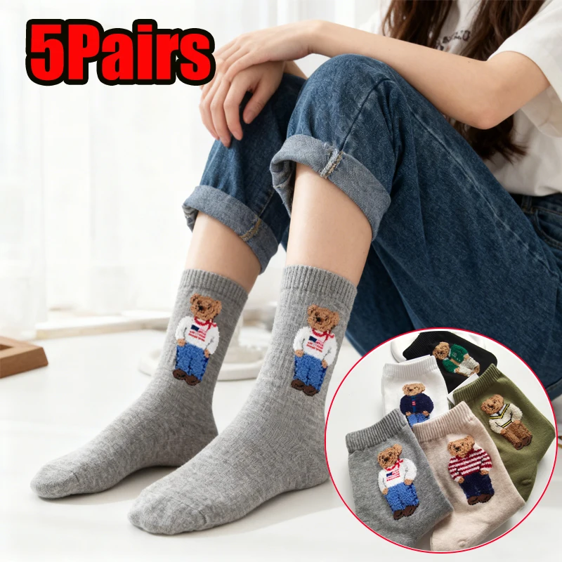 

Модные хлопковые носки средней длины с мультяшным медведем, милые носки-поло для женщин и мужчин, повседневные носки с медведем, удобные, дышащие