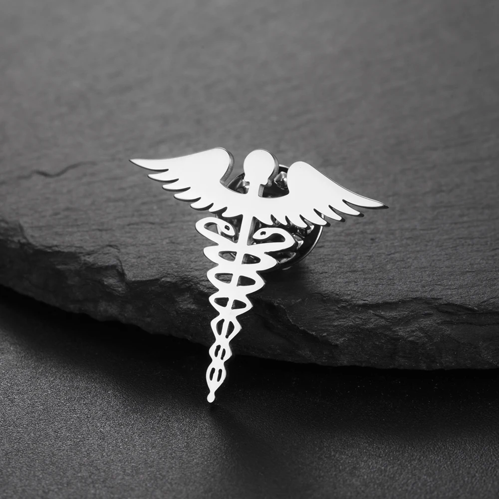 Dawapara Brosche mit Caduceus-Symbol, medizinisches Symbol, Zubehör, Reisende, Talisman, Abschlussgeschenk, Edelstahl-Schmuck – Detail 19