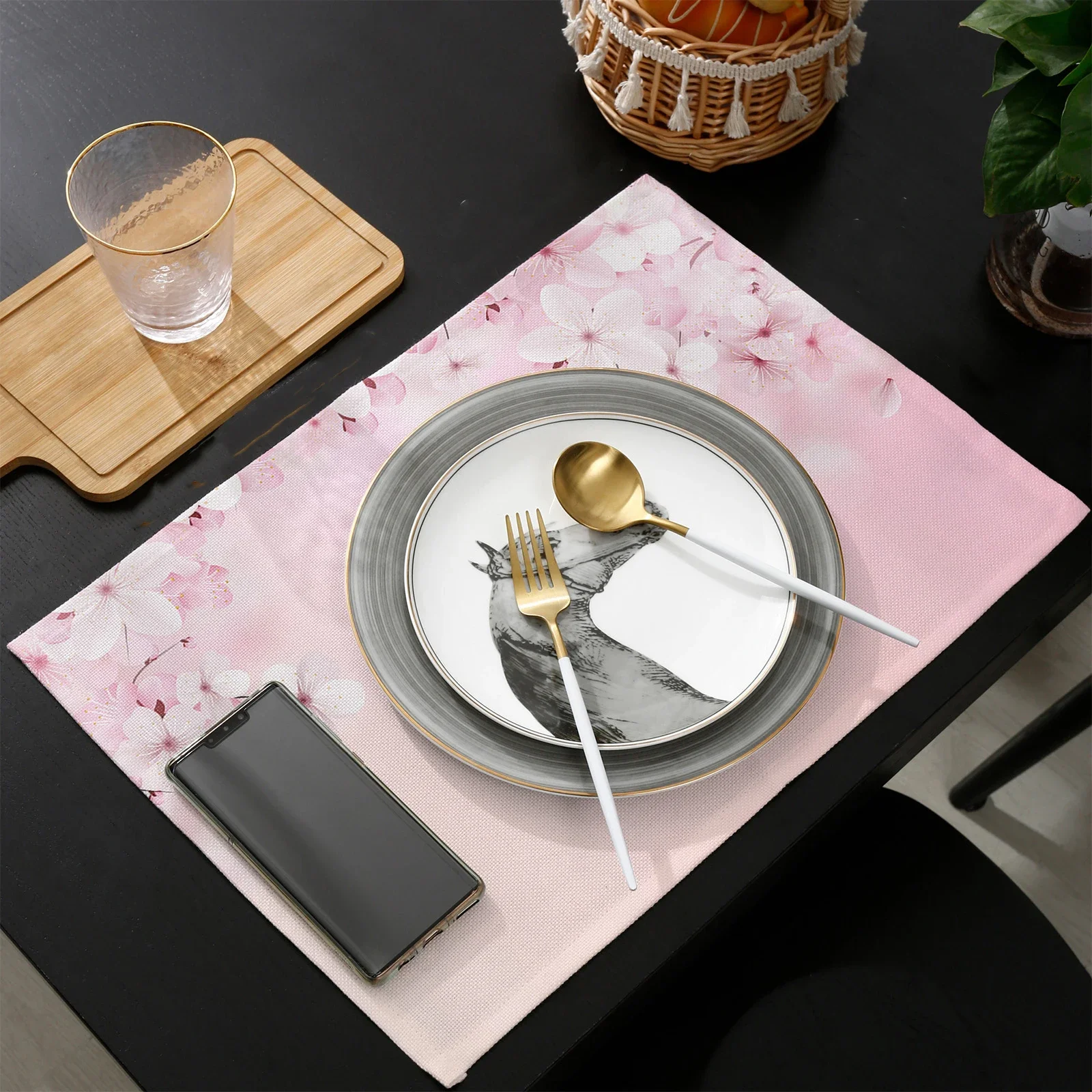 1pcs Placemats Pink Cherry Blossom Table Pad Mats for Dining Table Home Kitchen Decor Accessories Linen Placemats Coaster Set