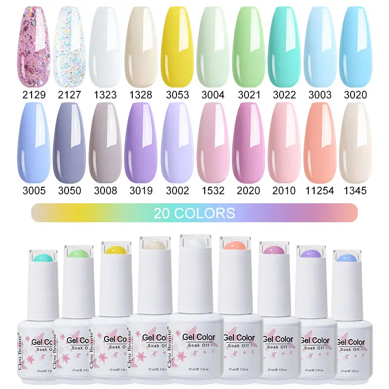 Clou Beaute Groothandel 20 stks/set Glitter Gel Lak Kit Voor Manicure Semi-Permanente Hybride Vernissen Basis En Top Nail Art