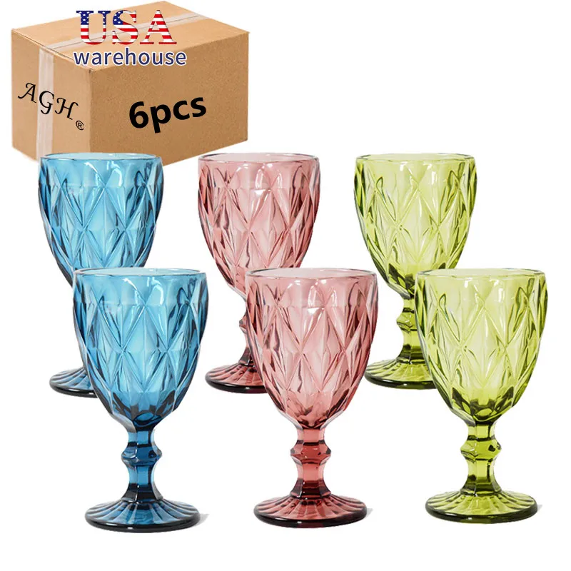 

6pcs Pack 330ml Modern Vintage Rhombus Pattern Glass Goblets Wine Glasses Water Goblet Glass Cup