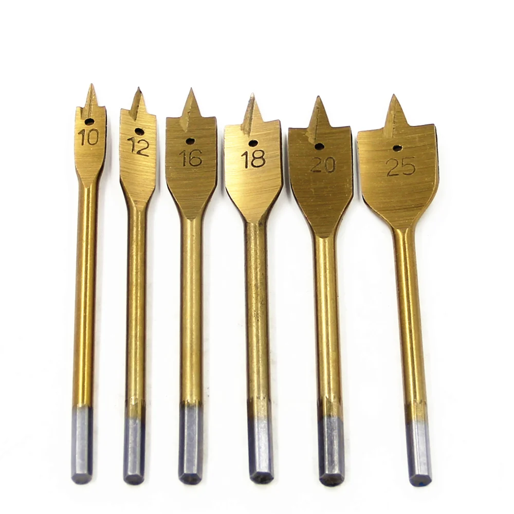 6pc Hexagonal Handle Titanium Plated Flat Drill 10-25mm Hanging Bag for Woodworking Drilling Bit Tool Opening Set