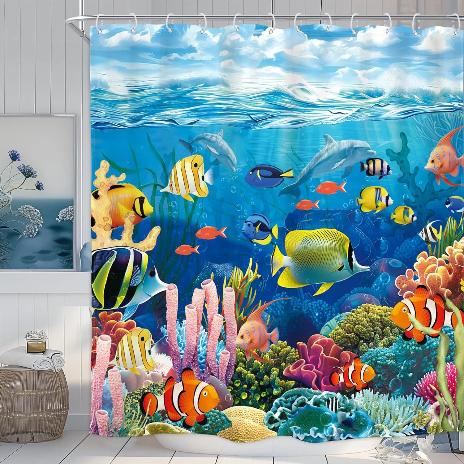

Colorful Underwater Ocean Fish Coral Reef Shower Curtain Machine Washable All Season Waterproof Privacy Protection Easy to clean