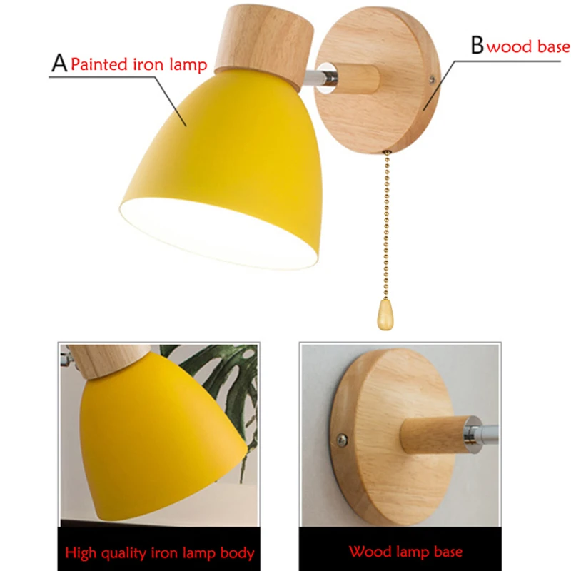 Nordic Wall Lamp Wooden Wall Sconce For Bedroom Living Room Home Lighting E27 Macaroon Bedside Wall Light With Switch Home Decor