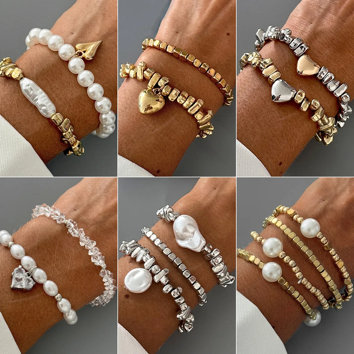 Sweet Cool Heart Pendant Metal Bracelet Stackable Faux Pearl Beads Unique Design Hand Jewelry Premium High Quality for Women