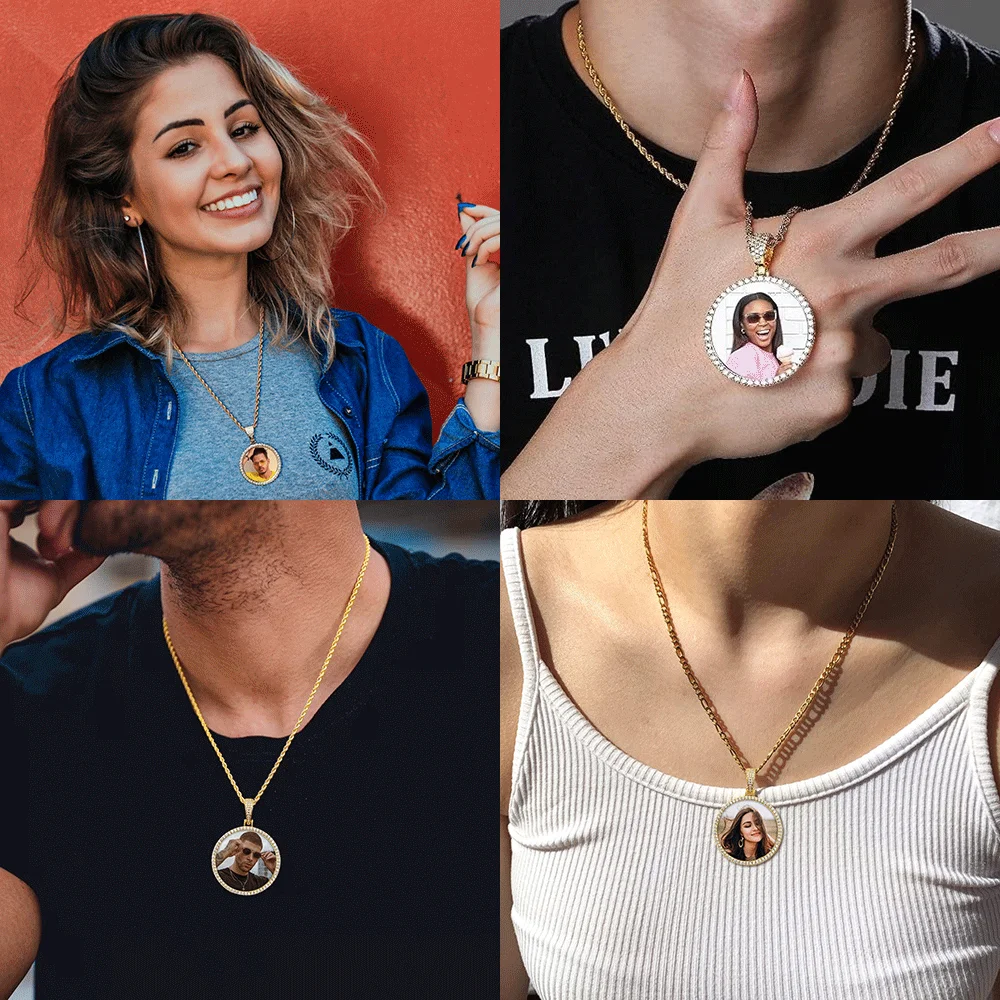 Hip Hop Picture Custom 36mm Drop Photo Pendant 5A Cubic Zirconia Gold Silver Plated Charm Pendants Memory Picture Necklace