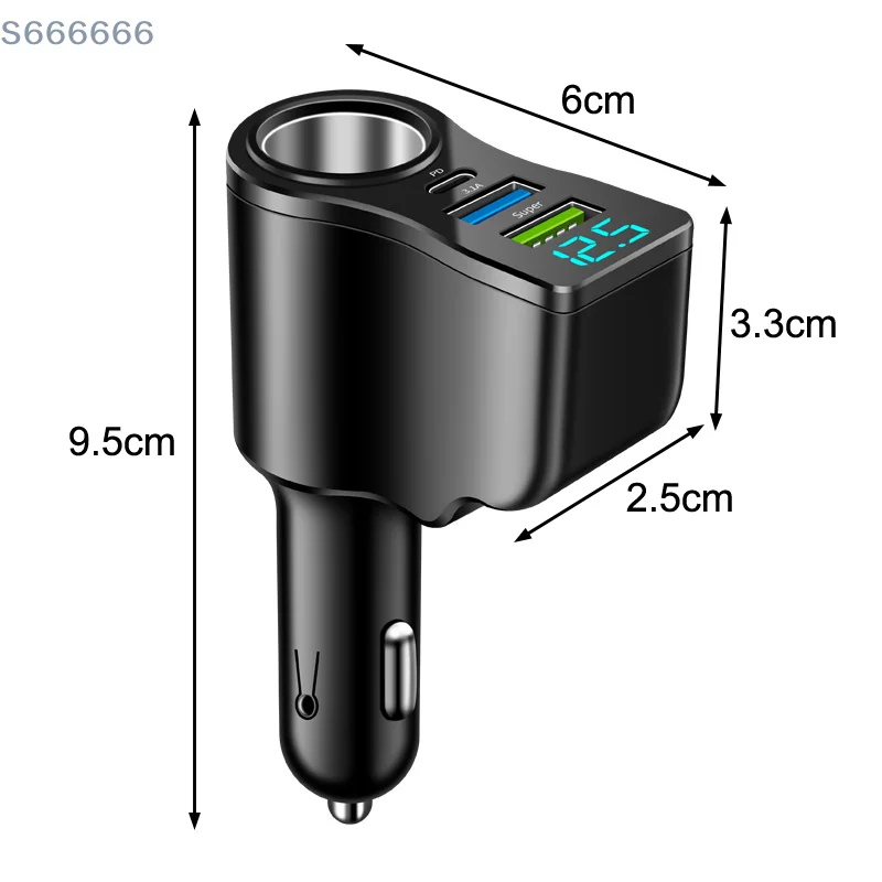 Digital Display Car Charger with Dual USB Ports; 66W Triple Cigarette Light Adaptor