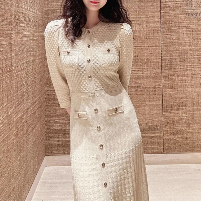 2025 SS nuevo agregar color azul tejido ahuecado vestido midi de mujer vestido de fiesta de moda