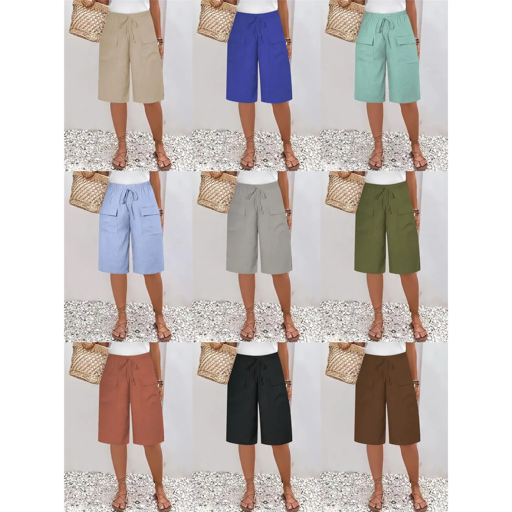 

Cross-Border 2025 New TEMU Casual Five-Point Shorts Mid-Waist Pants Women's Fashion Pocket Detail CleanFit Style Polyester Blend