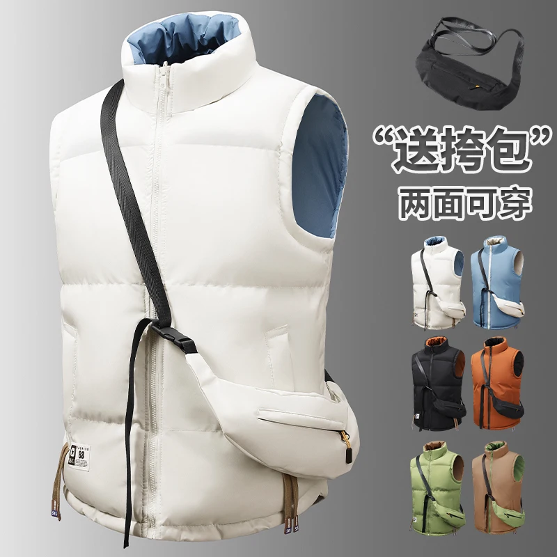 Men Reversible Padded Gilet Stand Collar Zip Sleeveless Vest Casual Warm Waistcoat With Crossbody Bag