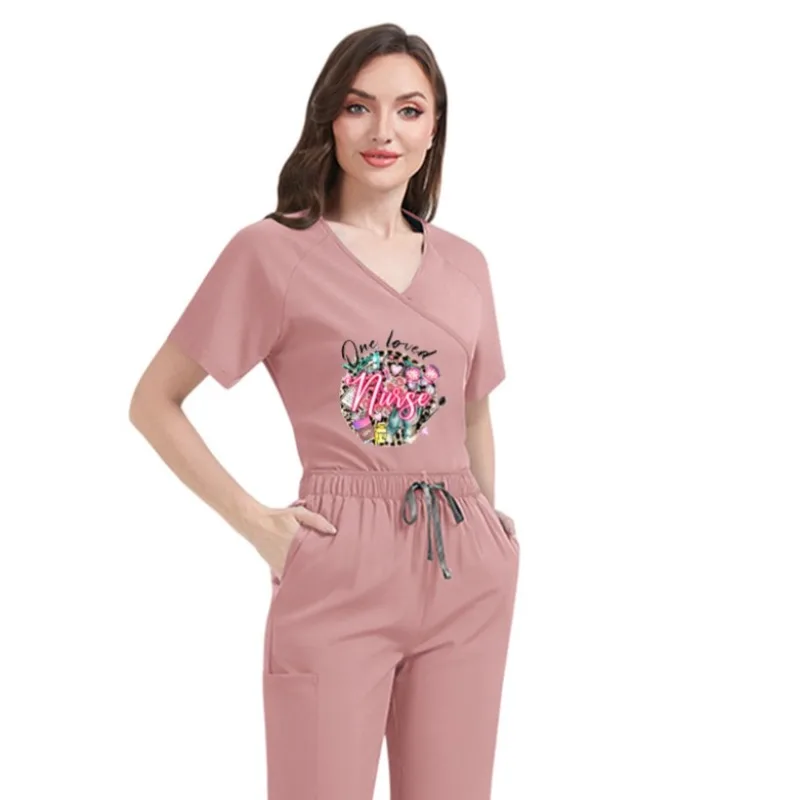 

Women's Custom Print Tie-Back Scrubs Thin Quick-Dry Short Sleeve Pants Beauty Salon Maternity Center Nurse Uniform
