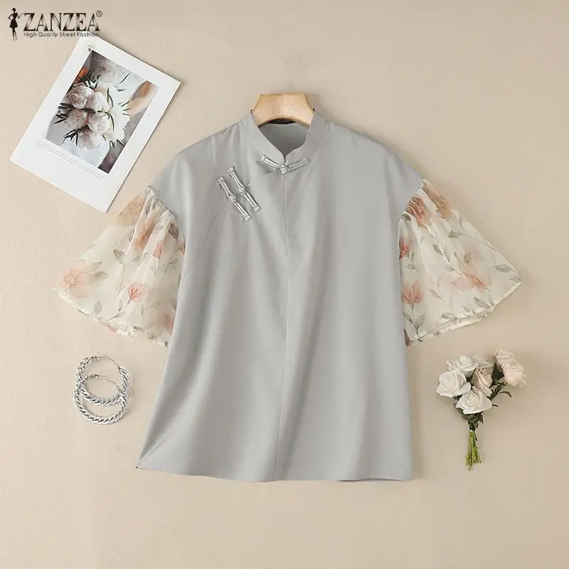 

Женские винтажные блузки с воротником-стойкой и пуговицами в виде лягушки, летние элегантные шифоновые рукава с цветочным принтом, лоскутная блузка ZANZEA, женские топы