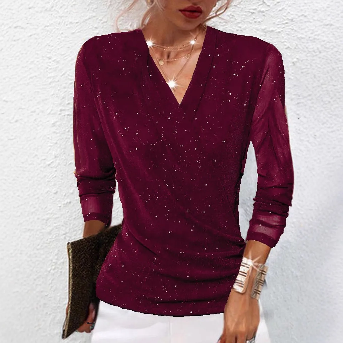Long Sleeve V Neck T Shirt Regular Length Casual with Pullover Private Celebrity Style Daily Yujie Style T Shirts for Women