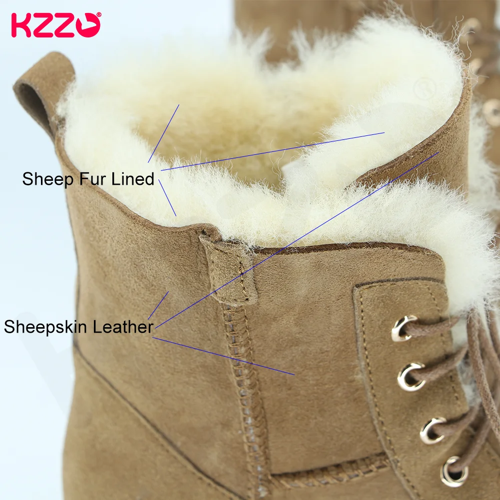 KZZO Women New Fashion Short Casual Lace-up Snow Boots Real Sheepskin Suede Leather Natural Wool Fur Lined Winter Warm Shoes