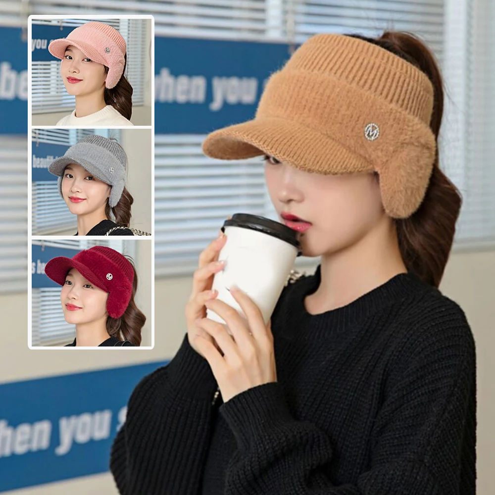 Winter Knit Earflap Hat For Women Solid Color Ear Protection Baseball Cap Outdoor Cycling Earmuff Caps Gorras Empty Top Caps