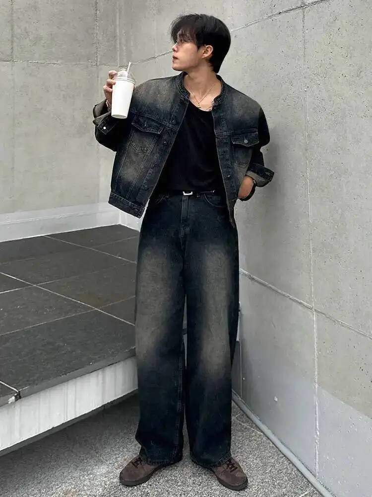 

Осенние модные мужские джинсовые комплекты из двух предметов 2024, свободные однобортные прямые широкие мужские джинсы с отложным воротником