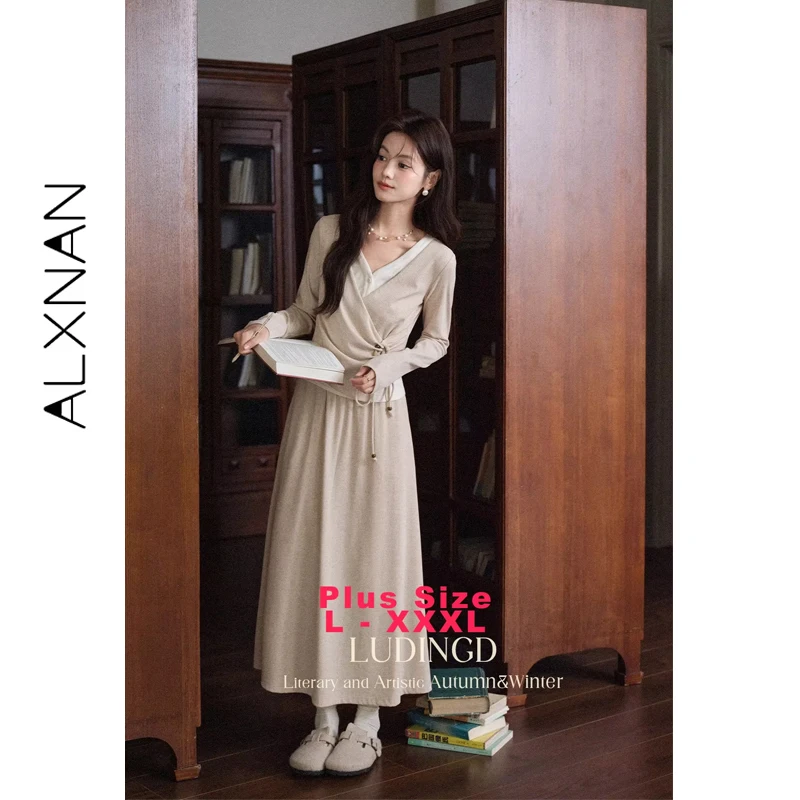 ALXNAN حجم كبير تنورة دقيق الشوفان عادية طويلة مرونة الخصر ألف خط التنانير 2025 الخريف أنيقة فضفاضة تناسب مكتب سيدة الملابس D12729