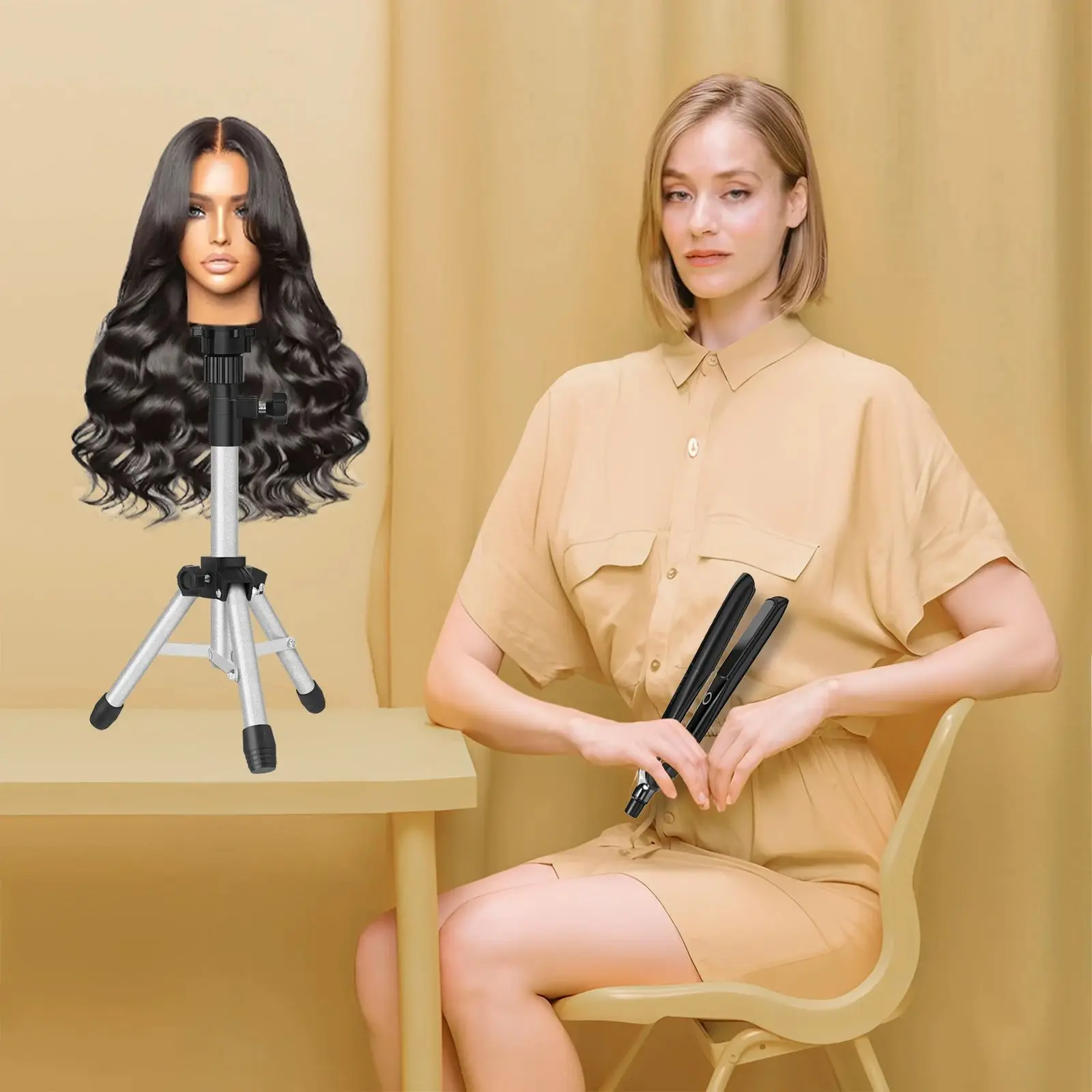 

64cm Adjustable Wig Head Stand Tripod, Lightweight Mini Mannequin Head Stand Protable Metal Stand for Training