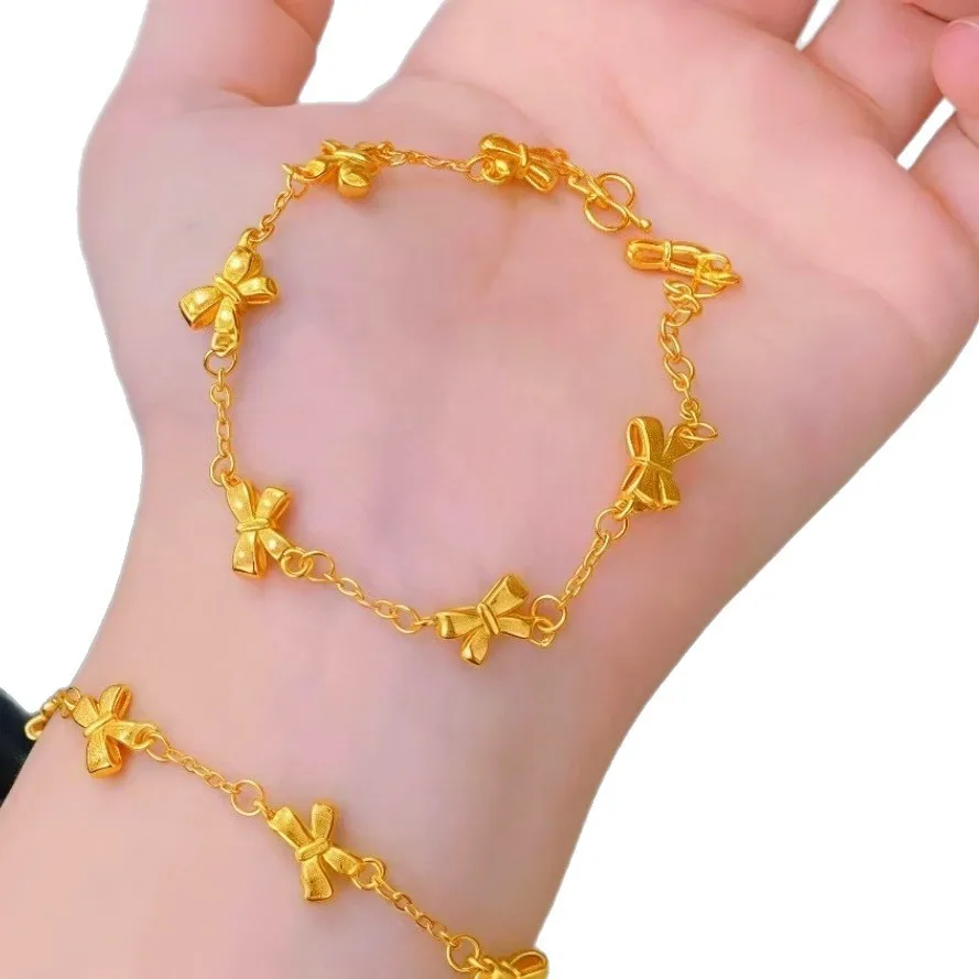 

Romantic Real 14 K Gold Color Bow Bracelet for Women Girlfriend Mom Bangle Chain Not Fade Fine Jewelry Gifts