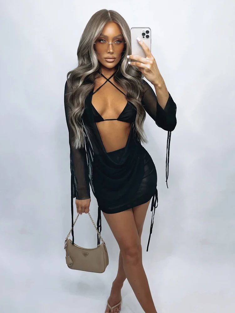 

InGrily Fashion Shirring 3 Piece Set Women See Through Irregular Tops+Solid Halter Bra+Ruched Skirt Vacation Beach Party Suit