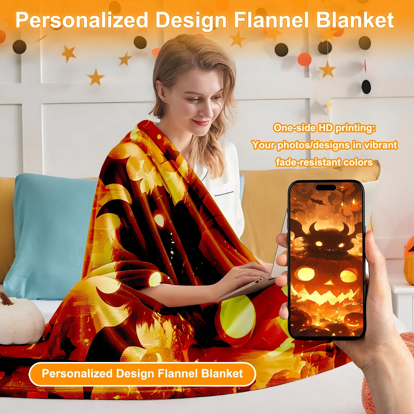 Fleecedecke mit individuellem Foto – DIY-Halloween-Drucke |     Jack-O'-Lanterns/Kürbislichter |     Weich und warm |     Sofa/Bett |     Süßes oder behandeltes Geschenk