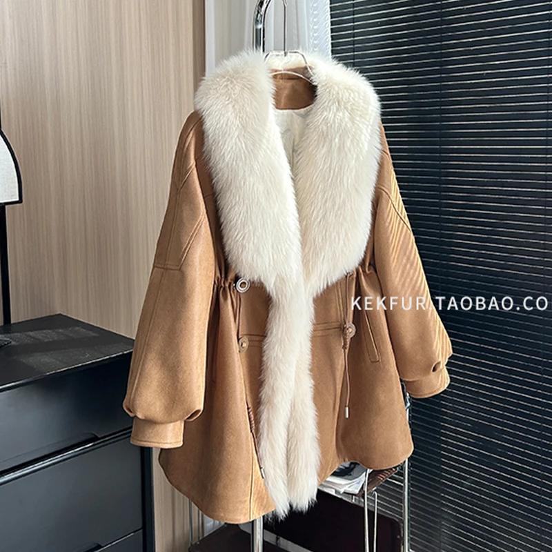 2024New Winter Women Long 80CM White Duck Down Jackets 100% Natural Oversized Fox Collar Suede Fashion Casual Windproof Coats