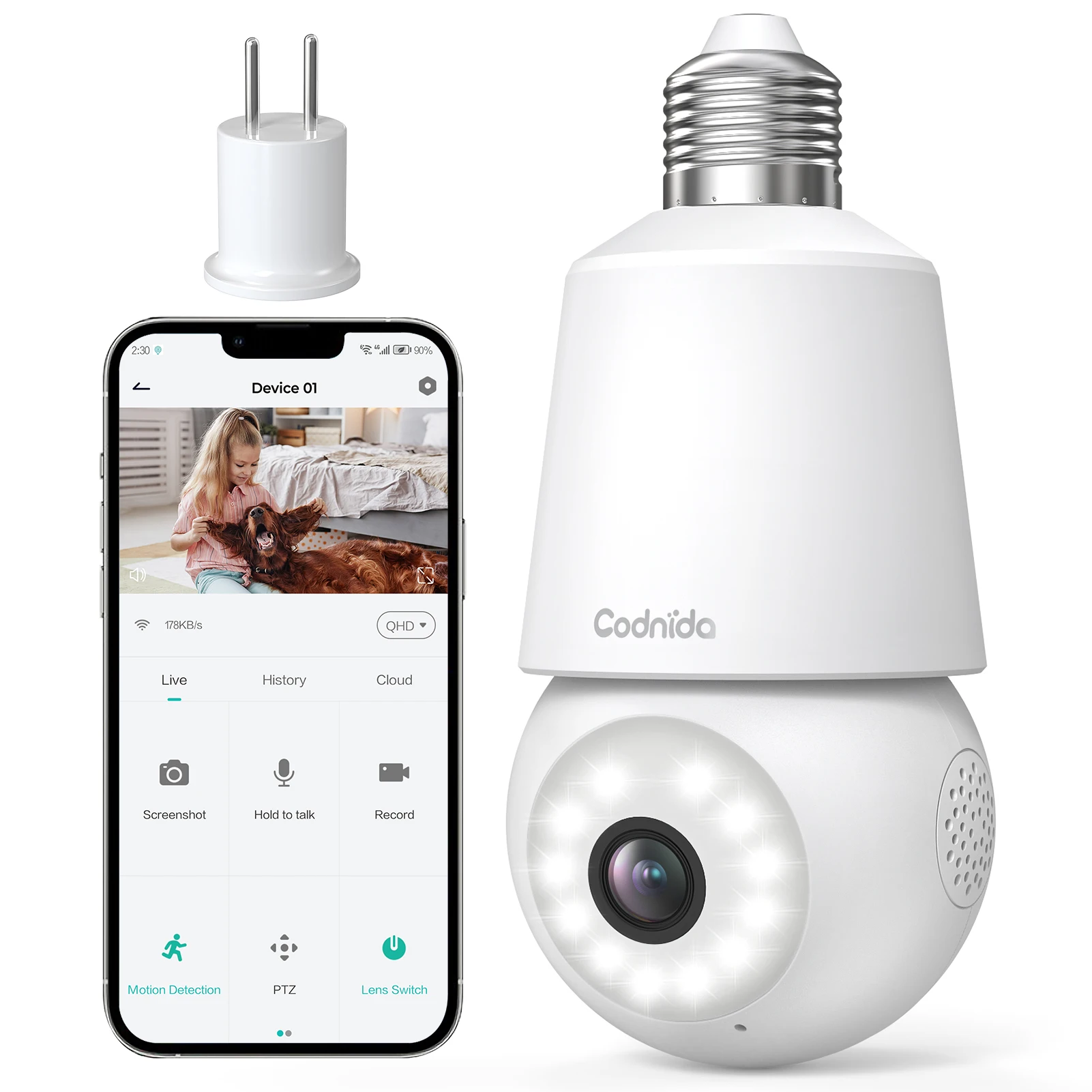 TMEZON Light Bulb Security Camera,E27 Base, 360° Rotation, AI Recognition, 2.4G/5G WiFi Security Cameras, Two-Way Audio, Human Detection, Color Night Vision，Wireless Surveillance System For Indoor Outdoor Use