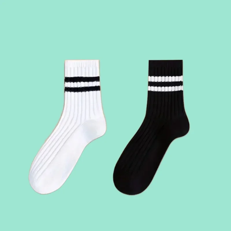 6/12 Pairs High Quality Men\'s Cotton Socks Simple Black White Striped Socks Breathable Womens Round Neck Socks Mid Tube Socks