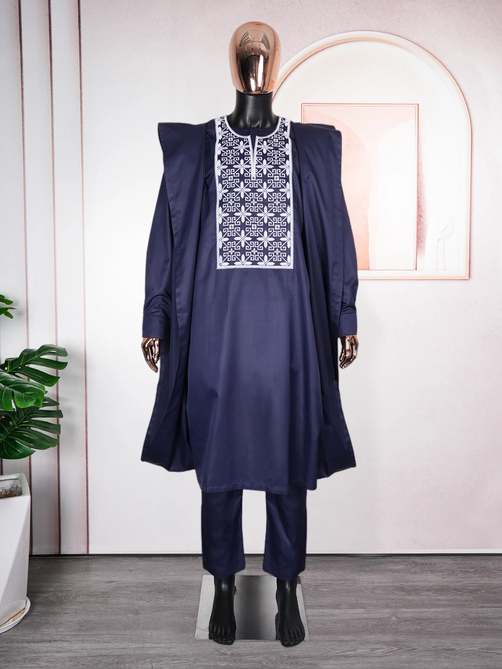 H&D African Suit For Men Robe Shirt Pants Set Long Sleeve Tops Embroidery Agbada Clothes Blue Africain Homme Traditional Robes