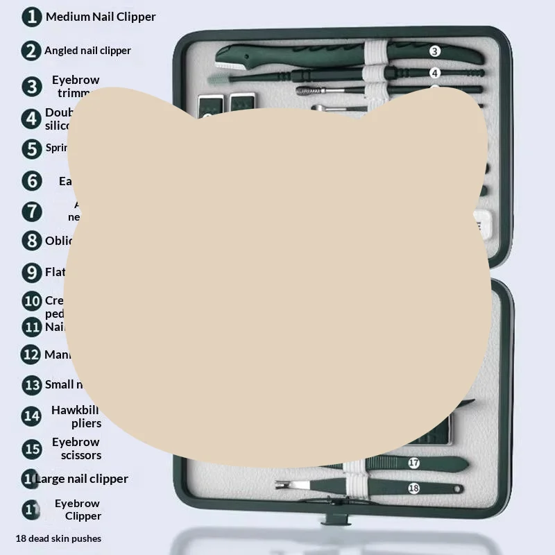 Green Stainless Steel Nail Clippers Set 18 Nail Care Kit Leather Storage Box Professional Foot Face Care Tool