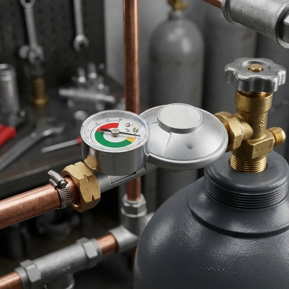 30 For mbar Zinc Alloy and Copper Pressure-Reducing Valve with Onboard Pressure Gauge for Safety-Critical Environments