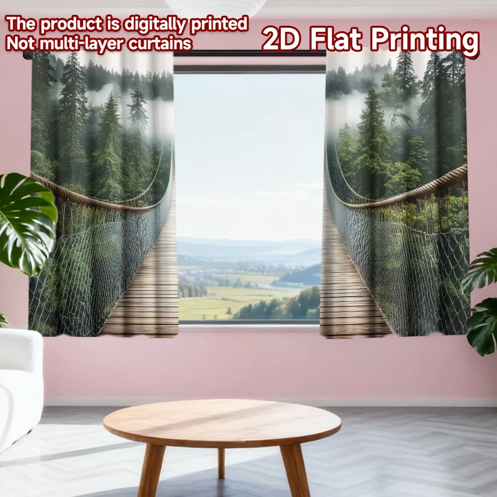 

2D flat printing 2pcs Window Curtains Misty Forest Bridge Digital Printed Polyester Drapes All Season Party & Holiday Decor for