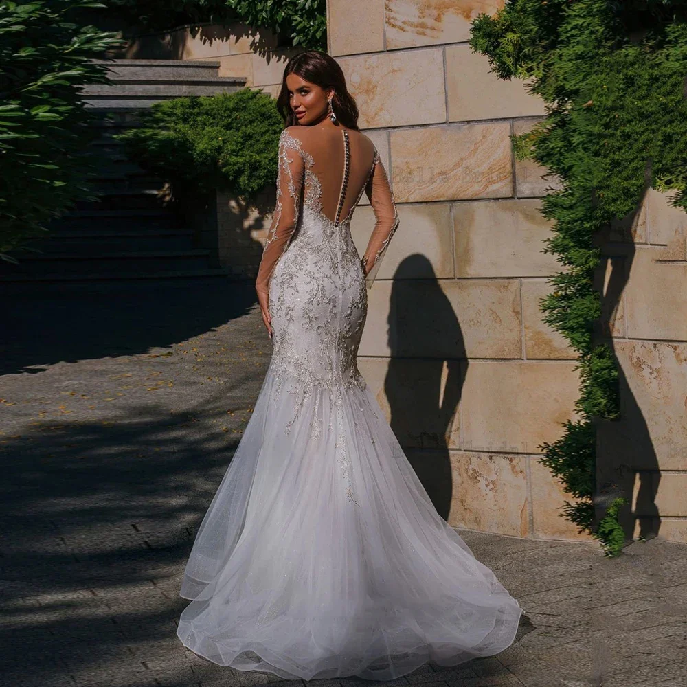 Vestidos de novia de sirena personalizados, tul de princesa Sexy para mujer, vestido de novia de manga larga con cuello redondo, vestido de baile con Apliques de encaje