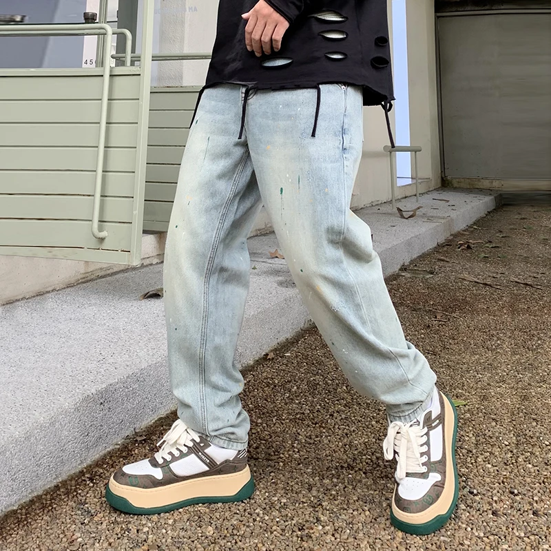 

Американская уличная одежда, мужские джинсы с брызгами чернил, модные повседневные джинсовые брюки-карго, японская мужская одежда в стиле Харадзюку, свободные брюки, мужские