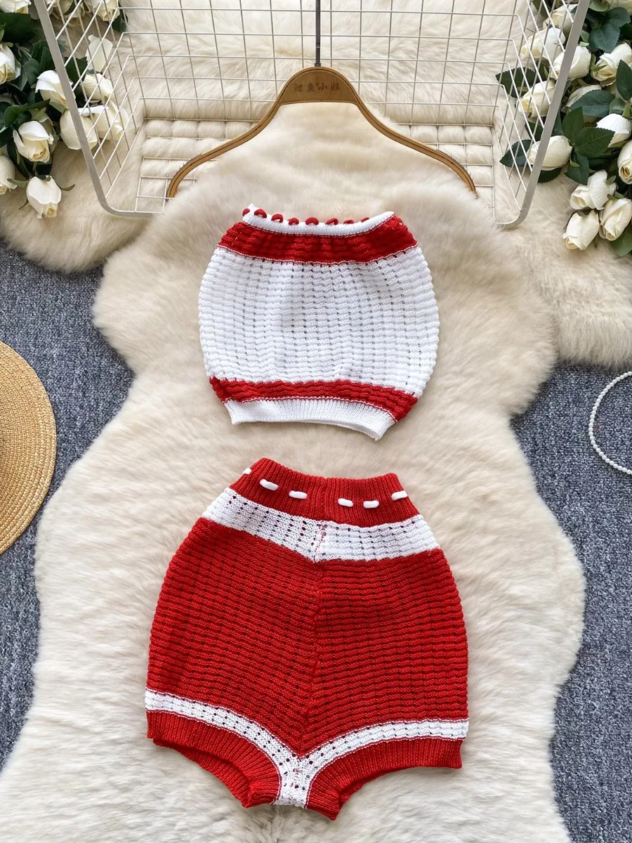 Foamlina Strandurlaub-Strandbekleidungsset für Damen, Sommer, heißes Mädchen-Set mit Farbblock-Schnürung, ärmellose Bandeau-Weste + enge Strick-Shorts