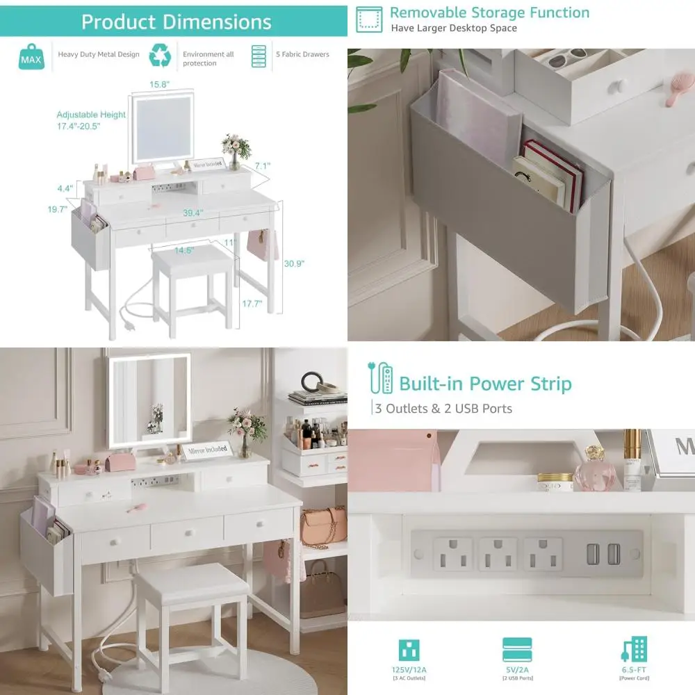 

40 Makeup Vanity Desk with Mirror, Lights, Chair, Drawers, and Power Outlet for Small Spaces