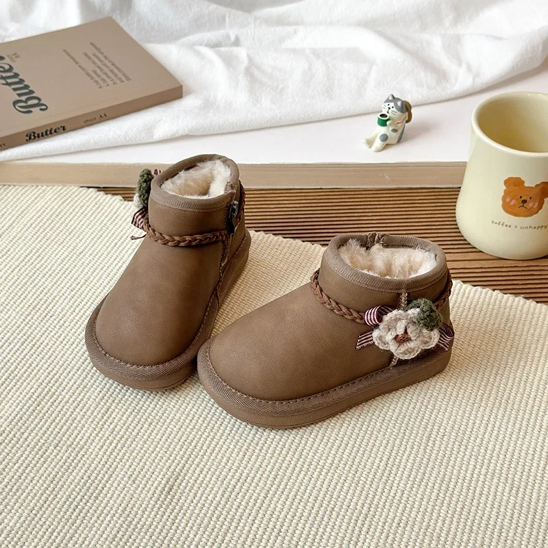 Children Ankle Boots with Cute Flowers Kids Snow Boots Thick Fur Soft 2025 Winter New Girls Short Boots Versatile Sweet Non-slip