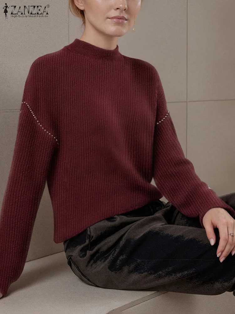 

ZANZEA женские водолазки 202, осень-зима, вязаные пуловеры с длинными рукавами, свободные топы большого размера с контрастной строчкой, джемпер